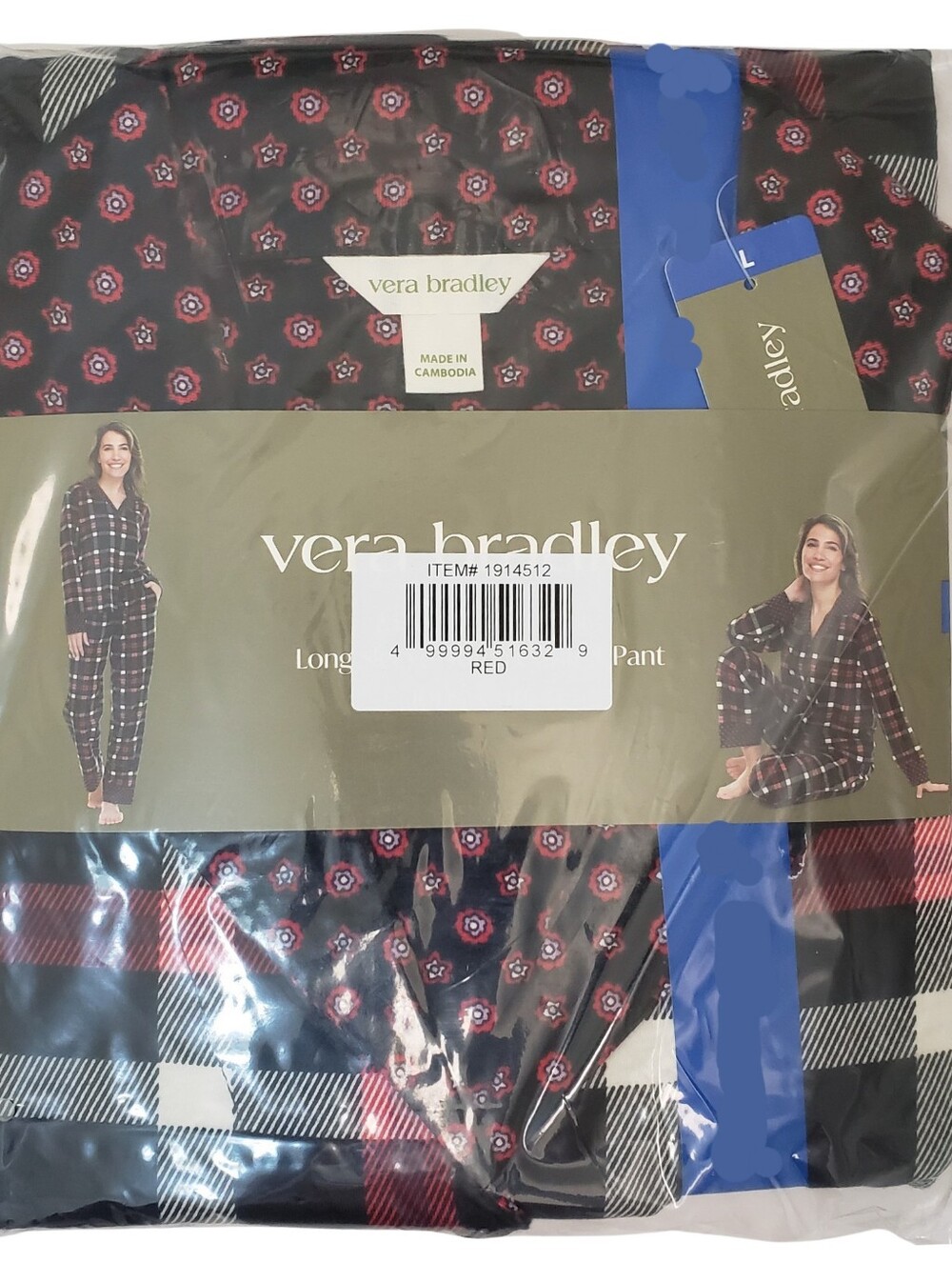 Vera Bradley Pajama Set Women Red (Plaid) Notch Collar NWT